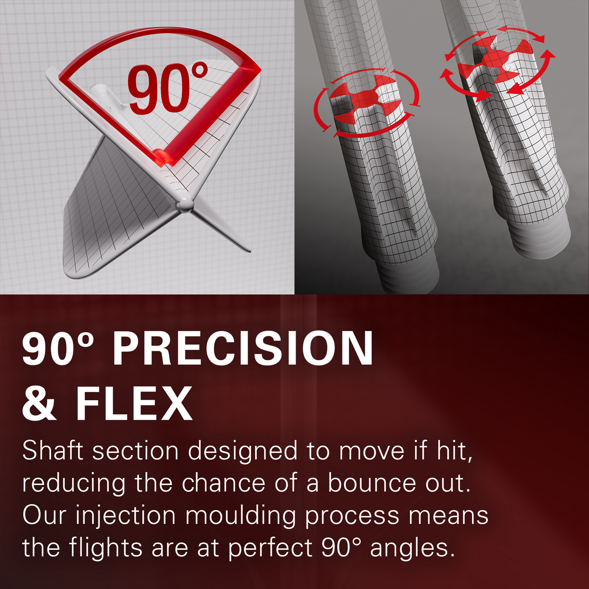 Close-up showing dart flight at precise 90-degree angle and macro of flexible dart shaft design for bounce-out prevention