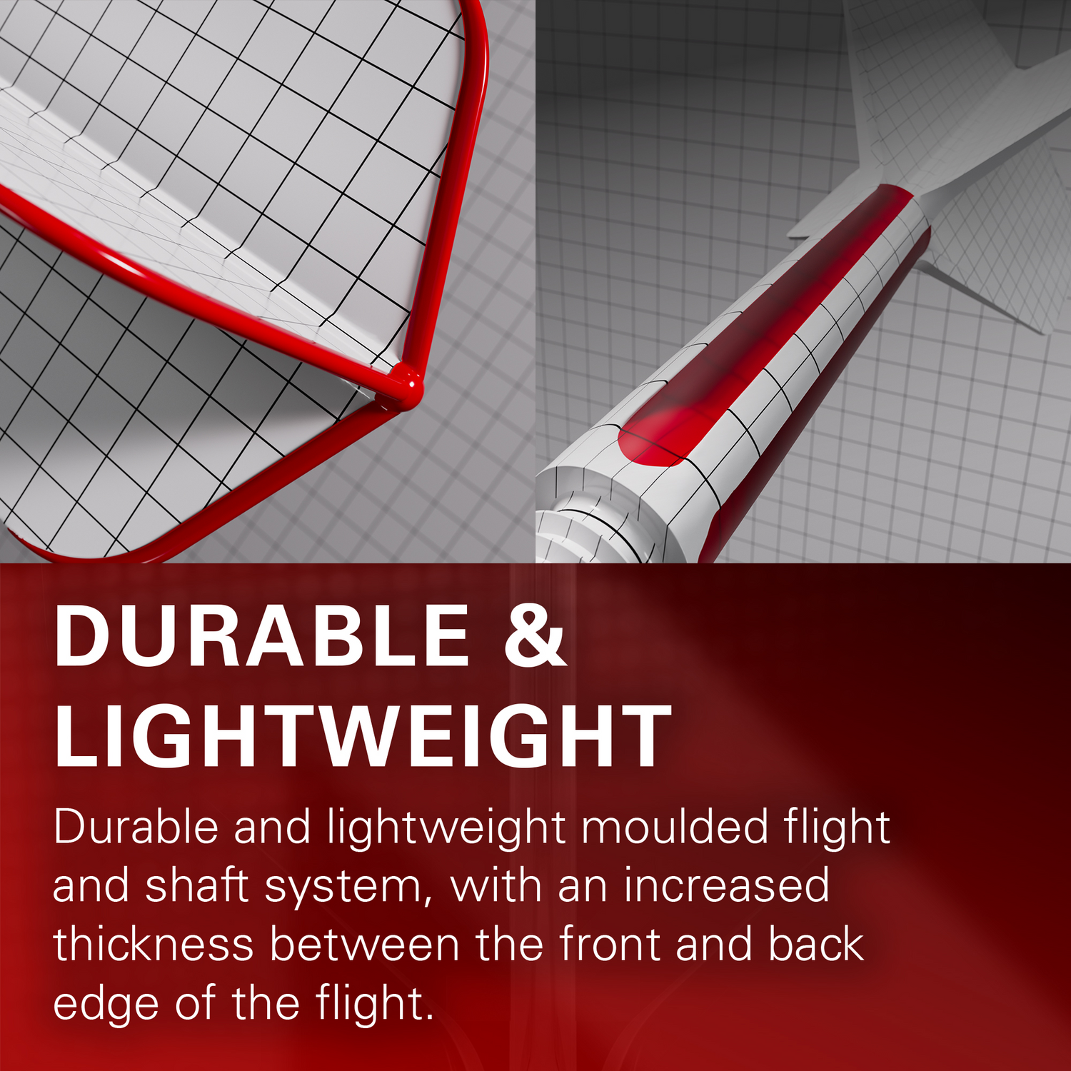 Close-up dart flight and shaft system showing moulded connection, increased flight thickness, and lightweight grid design for darts