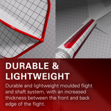 Close-up dart flight and shaft system showing moulded connection, increased flight thickness, and lightweight grid design for darts