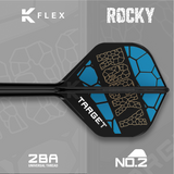 Close-up of Josh Rock K-Flex No.2 dart flight with blue gold geometric pattern and ROCKY text, attached to shaft, ideal for precision dart setup