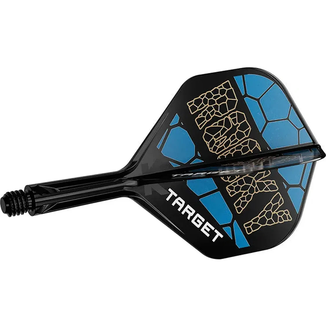 Full dart stem and flight shown side-on, black shaft with blue and gold honeycomb flight design ideal for steel tip darts.