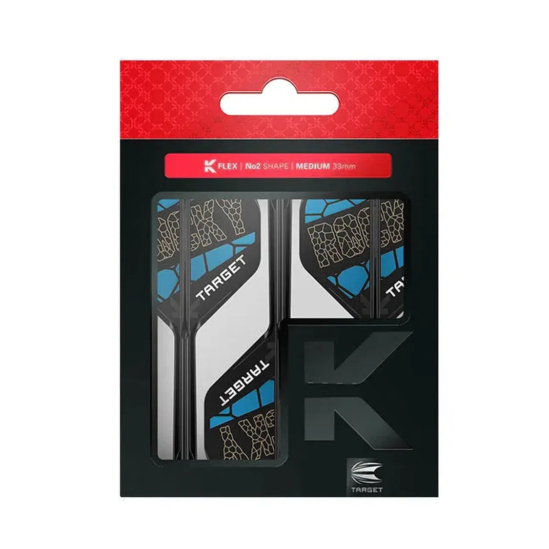 Player-edition dart flights in K-Flex No.2 packaging, No2 shape, medium 33mm, with bold blue and gold ROCKY design