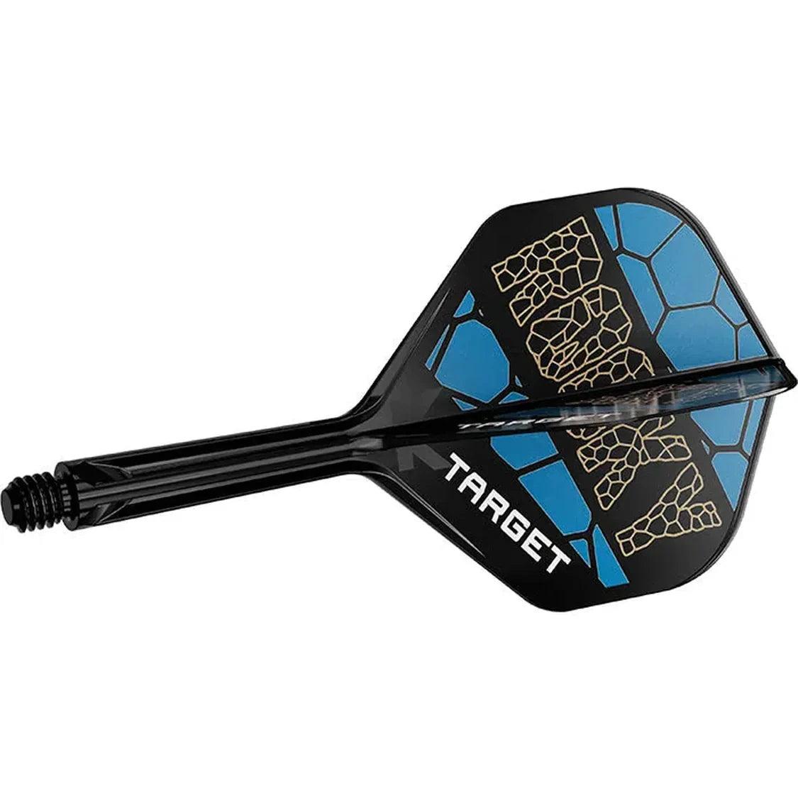 Close-up angled dart shaft with blue and gold geometric flight, integrated K-Flex stem, isolated on white background