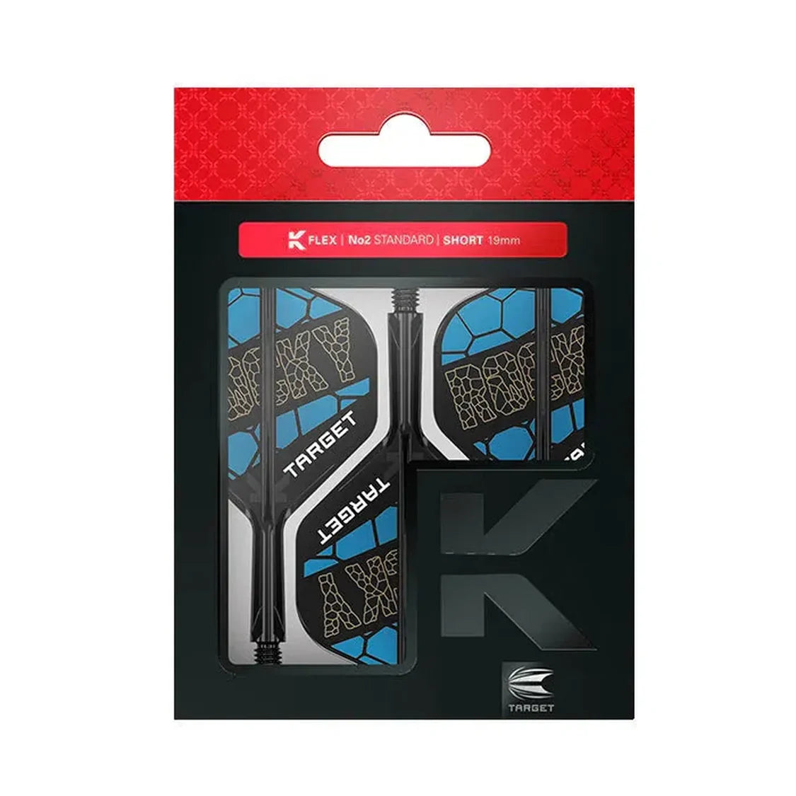 Josh Rock K-Flex No.2 dart flights and shafts in retail packaging, blue and black design, standard No.2 size, packaged set