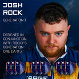 Josh Rock Pro Ultra Ten-X dart flights shown in packaging, lifestyle shot with player portrait, 3 sets of 3 flights for dart equipment