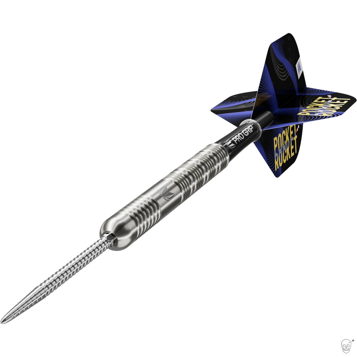 Target Justin Hood G1 dart – angled view of the straight radial-grooved silver barrel with flight and shaft fitted