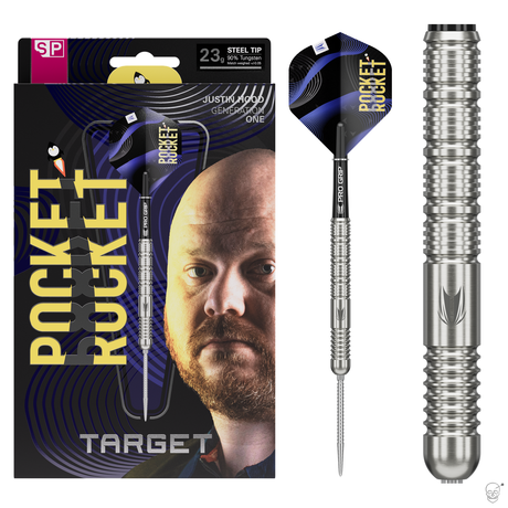 Target Justin Hood G1 90% tungsten Swiss Point darts – retail packaging with the full dart and a barrel close-up
