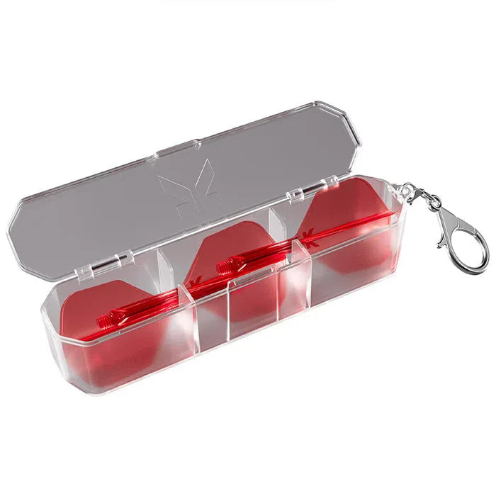 Angled view of clear hard dart flight and shaft case with three red flights and shafts stored, open with keychain, on white background