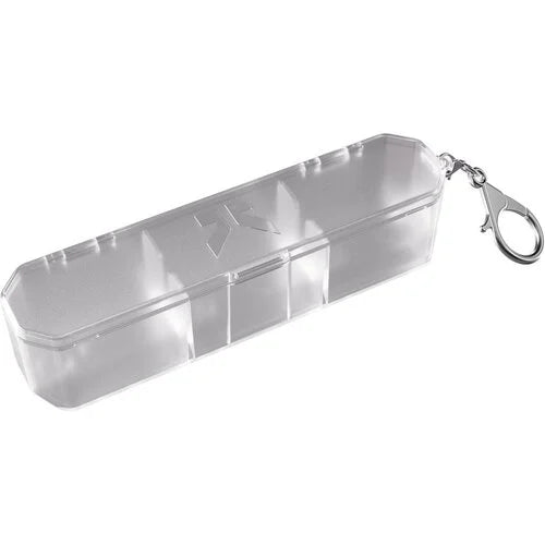 Clear dart flight and shaft case with secure metal clip, full view on white background, ideal for organized dart storage