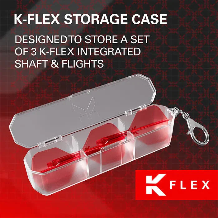 Angled view of transparent dart storage case with three red K-Flex shaft and flights inside, featuring organized compartments and keychain clip.