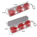 Clear hard dart case with red compartments shown open and closed, annotated with measurements for organized flight and shaft storage