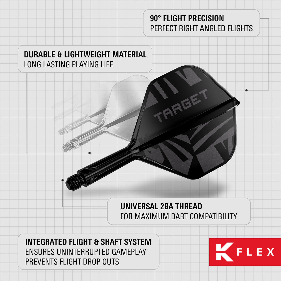 K-Flex features – 90 degree flight precision, durable lightweight material and universal 2BA thread