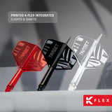 Printed K-Flex integrated flights and shafts in red, black and clear