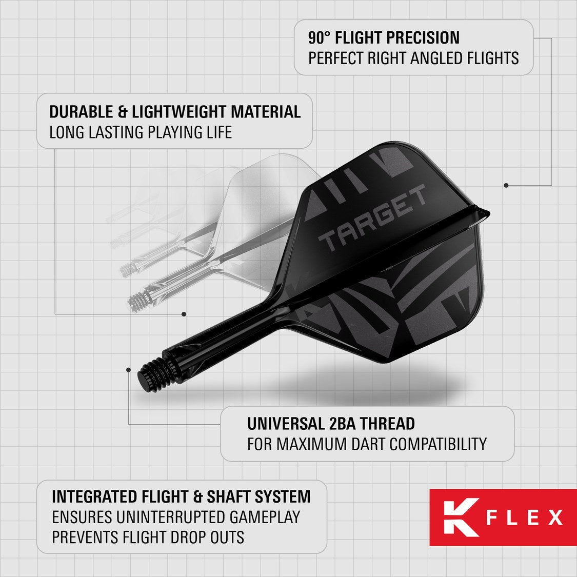 K-Flex features – 90 degree flight precision, durable lightweight material and universal 2BA thread