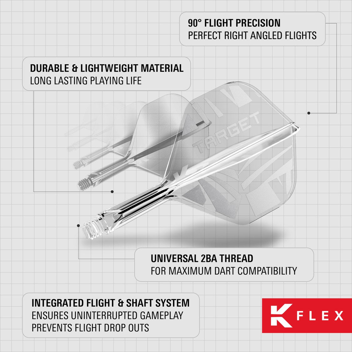 K-Flex features – 90 degree flight precision, durable lightweight material and universal 2BA thread