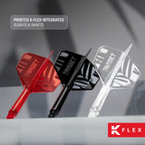 Printed K-Flex integrated flights and shafts in red, black and clear
