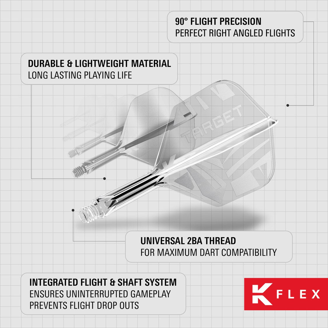 K-Flex features – 90 degree flight precision, durable lightweight material and universal 2BA thread