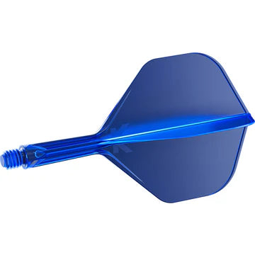 Blue integrated dart flight and shaft system side view on white background for darts setup