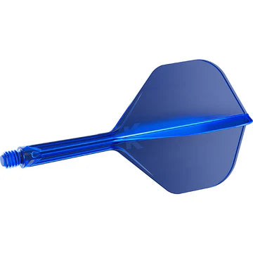 Blue integrated dart flight and shaft system full view, isolated on white background for dart equipment buyers
