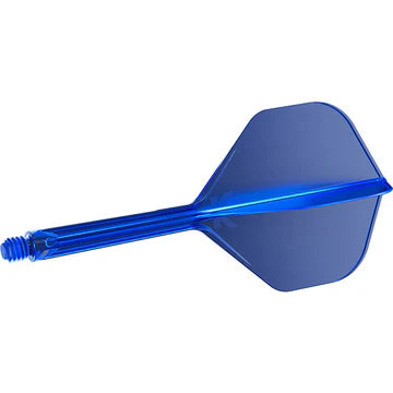 Blue integrated dart flight and shaft No.2, full side view, single piece showing threaded base, isolated on white background