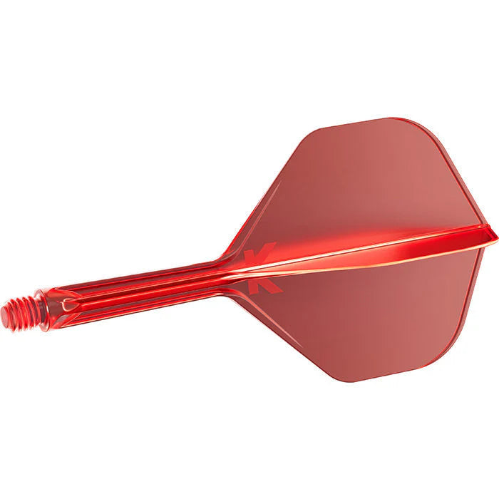 Red integrated dart flight and shaft No.2, full side view, isolated on white, highlighting streamlined design for dart players