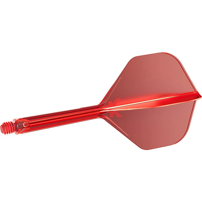 Red integrated dart flight and shaft system, full side view on white background, showing molded design and threaded shaft