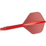 Red integrated dart flight and shaft system, full side view on white background, showing molded design and threaded shaft