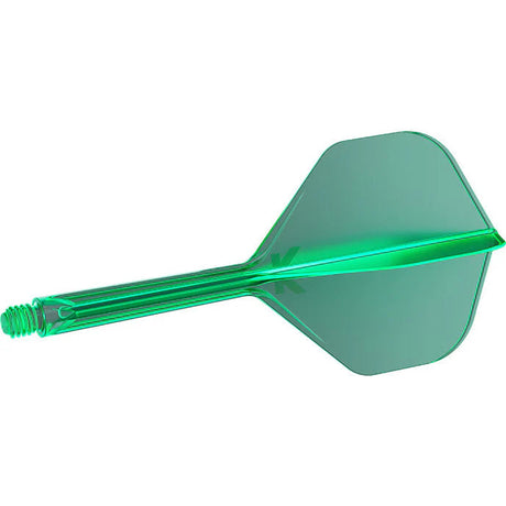 Green integrated dart flight and shaft No.2 full view, isolated on white, highlighting molded tail and threaded shaft for precise fit