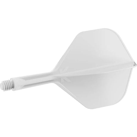 Single white integrated dart flight and shaft system side view, isolated on white background, highlighting molded construction