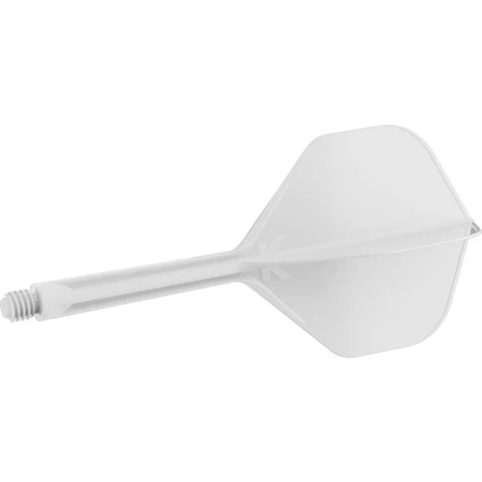 Integrated dart flight and shaft system in white, full product side view, isolated on white background for darts equipment buyers