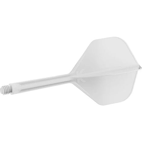 Integrated dart flight and shaft system in white, full product side view, isolated on white background for darts equipment buyers