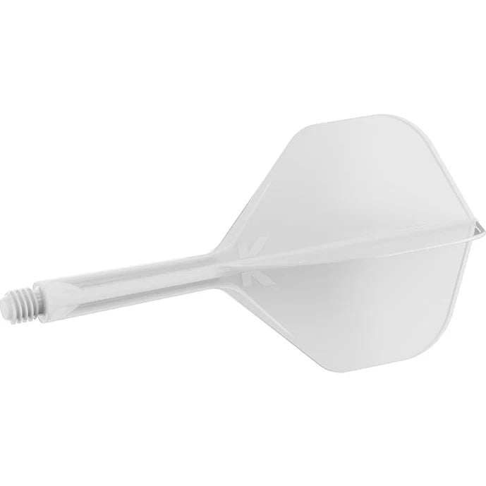 Clear integrated dart flight and shaft system No.2, single piece, isolated on white background, threaded base visible