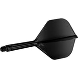 Black integrated dart flight and shaft system full view, isolated on white background, highlighting threaded base and aerodynamic flight