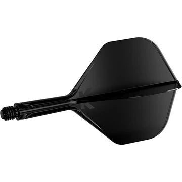 Integrated dart flight and shaft system in black, full product view, isolated on white background, shows precision molded design and thread