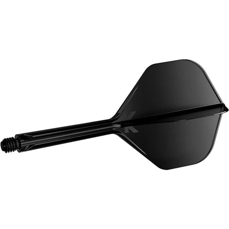 Black integrated dart flight and shaft system, angled full view, isolated on white for dart equipment buyers