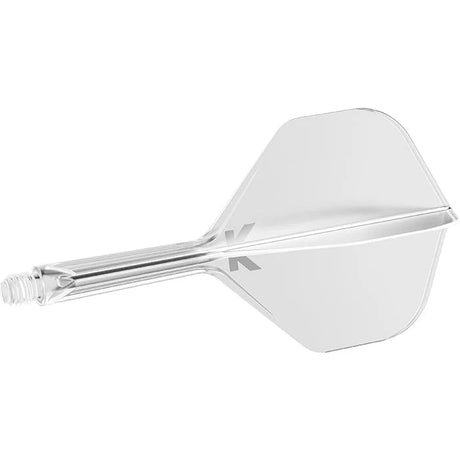 Clear integrated dart flight and shaft system solo on white background, angled view highlighting molded union and No.2 flight shape