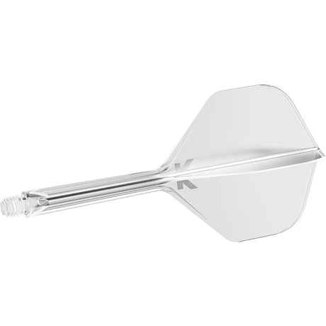Clear integrated dart flight and shaft set, side view, isolated on white background highlighting fusion design and K-Flex construction