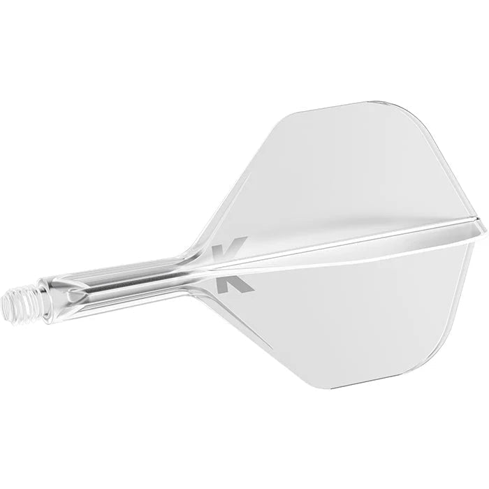 Transparent integrated dart flight and shaft K-Flex No.2 in angled full view, isolated on white background