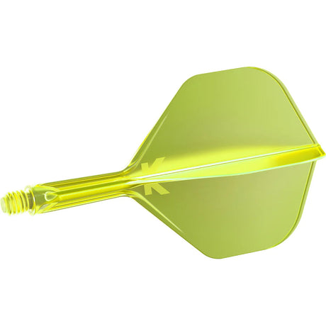 Integrated yellow dart flight and shaft system, angled full view, molded design with threaded base, isolated on white background