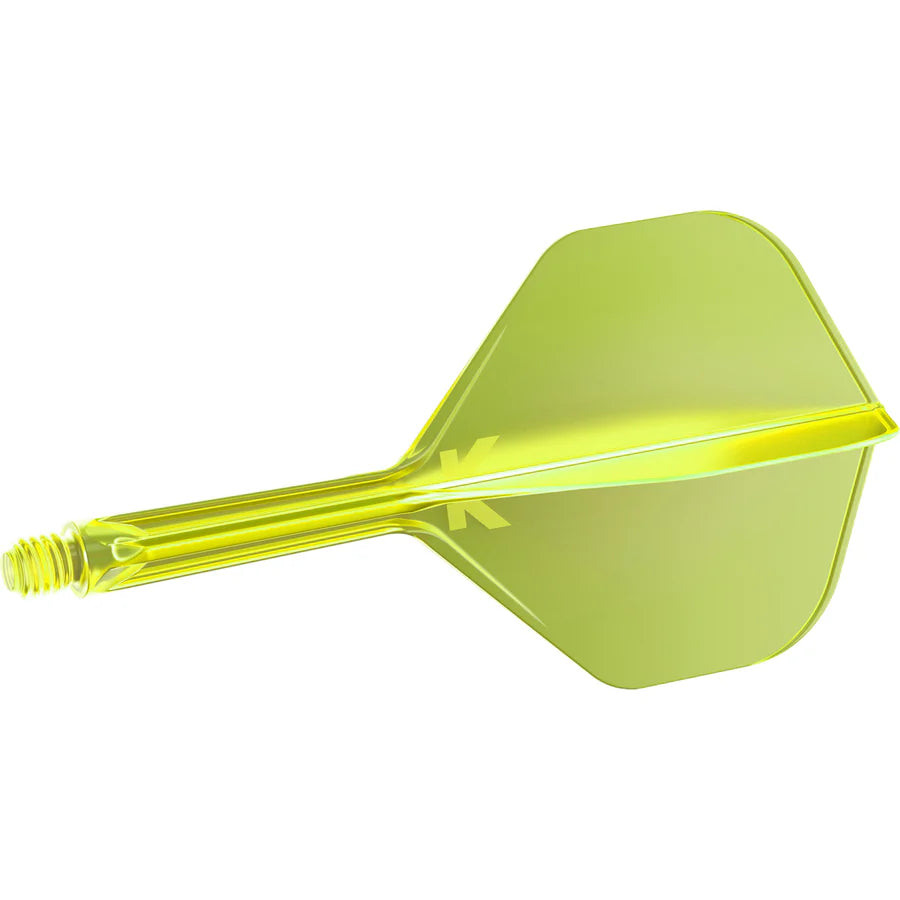 Integrated dart flight and shaft system in translucent yellow, full product view on white, thread detail and aerodynamic design visible