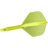 Integrated dart flight and shaft system in translucent yellow, full product view on white, thread detail and aerodynamic design visible