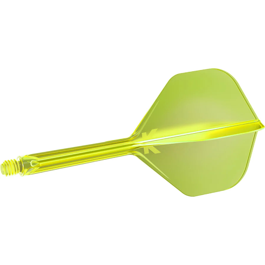 Angled view of a single yellow integrated dart flight and shaft system isolated on white, showing threaded base and molded flight shape