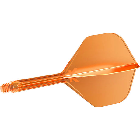 Orange dart flight and shaft system full view, side angle, isolated on white, highlights integrated seamless dart design