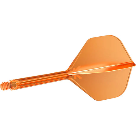 Orange integrated dart flight and shaft full view on white background, highlighting threaded base and seamless flight design