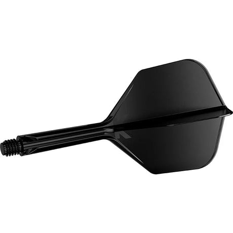 Black integrated dart flight and shaft system side view, precision molded, isolated on white background