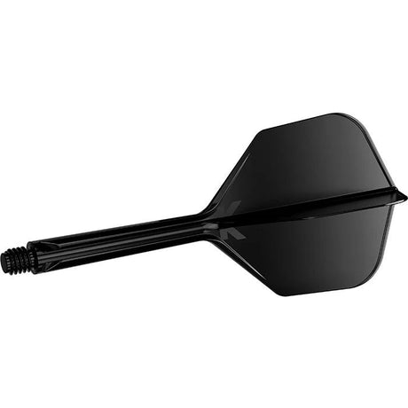 Black integrated dart flight and shaft system angled side view, precision-molded for durability, isolated on white