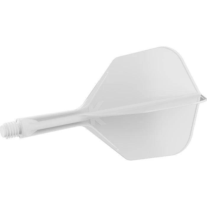 White integrated dart flight and shaft system No.6, full side view on white background, highlighting fusion design