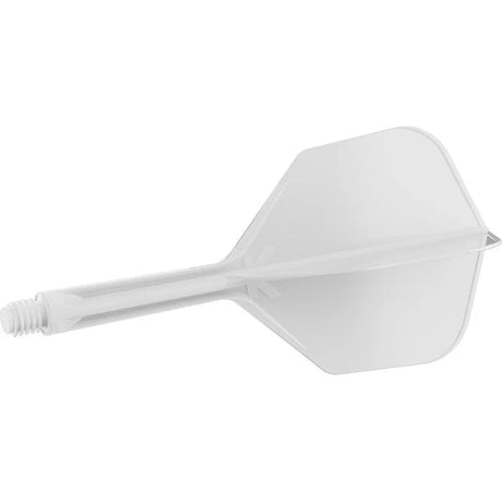 Single white integrated dart flight and shaft system No.6 displayed at angle on white background, highlighting molded construction and threaded base