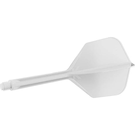 Integrated dart flight and shaft No.6 full side view, clear plastic, threaded tip, aerodynamic design, isolated on white background