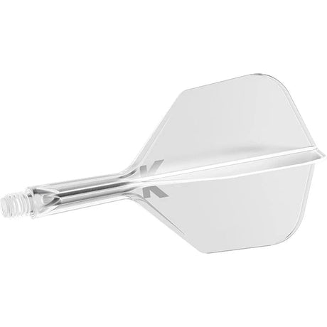 Clear integrated dart flight and shaft system No.6, full profile view on white background, showing molded seamless construction